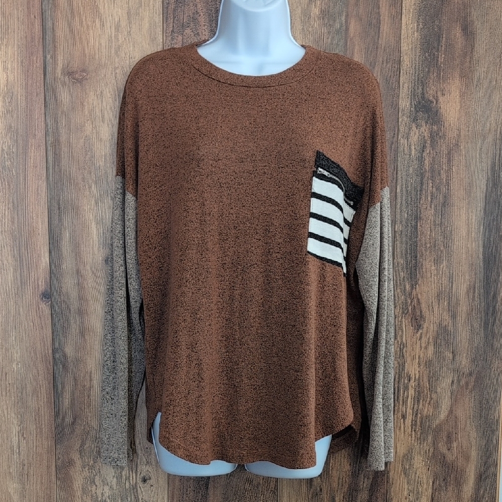 My Story Brown Oversized Sweater with Striped Pocket S            -715X